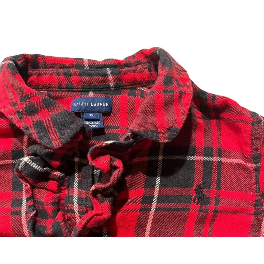 RALPH LAUREN Girl's Red Plaid Cotton Flannel Christmas Dress Blue Pony Sz 12 EUC